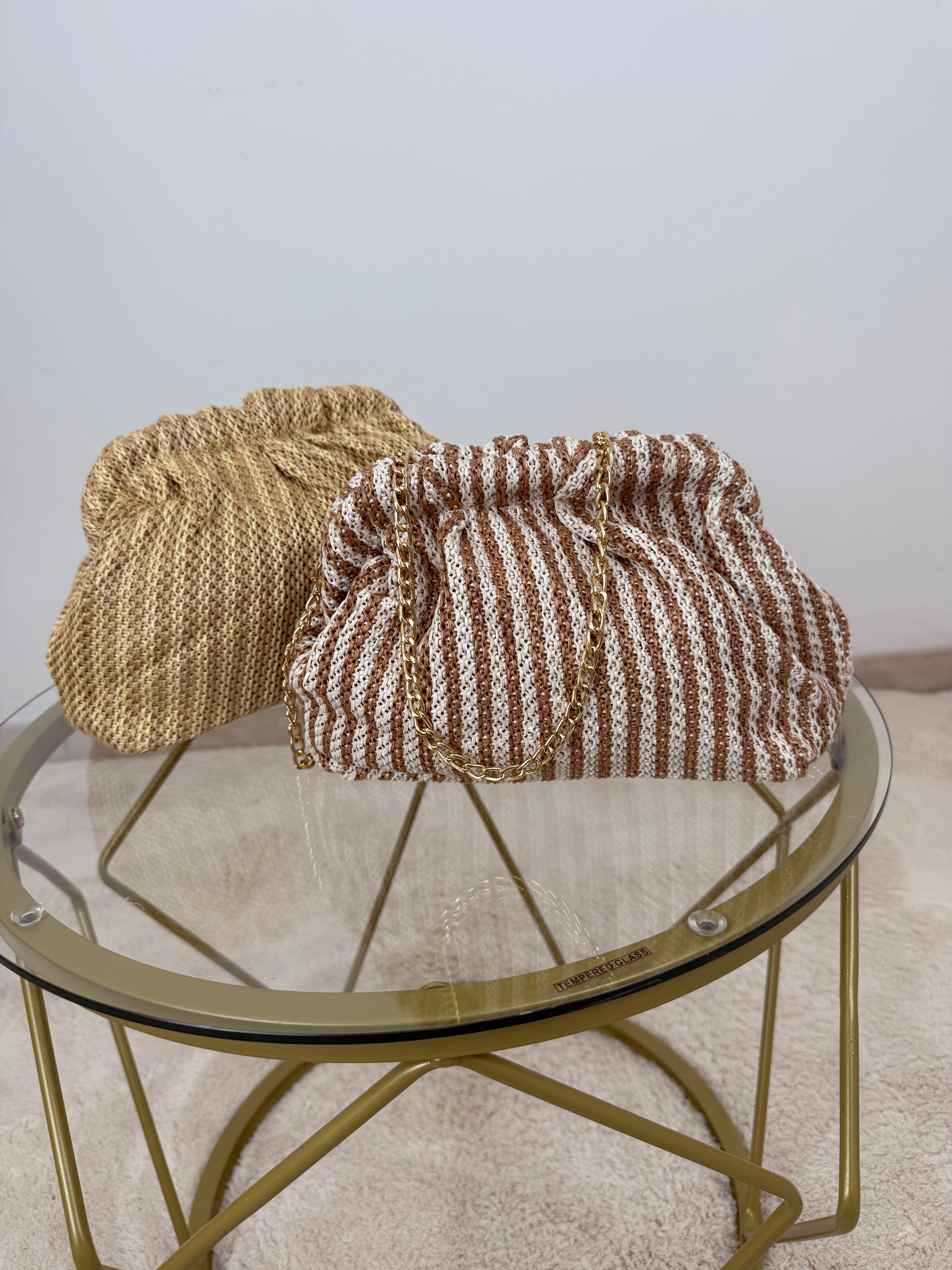 Borsa clutch a righe in paglia intrecciata – Beige & Marrone