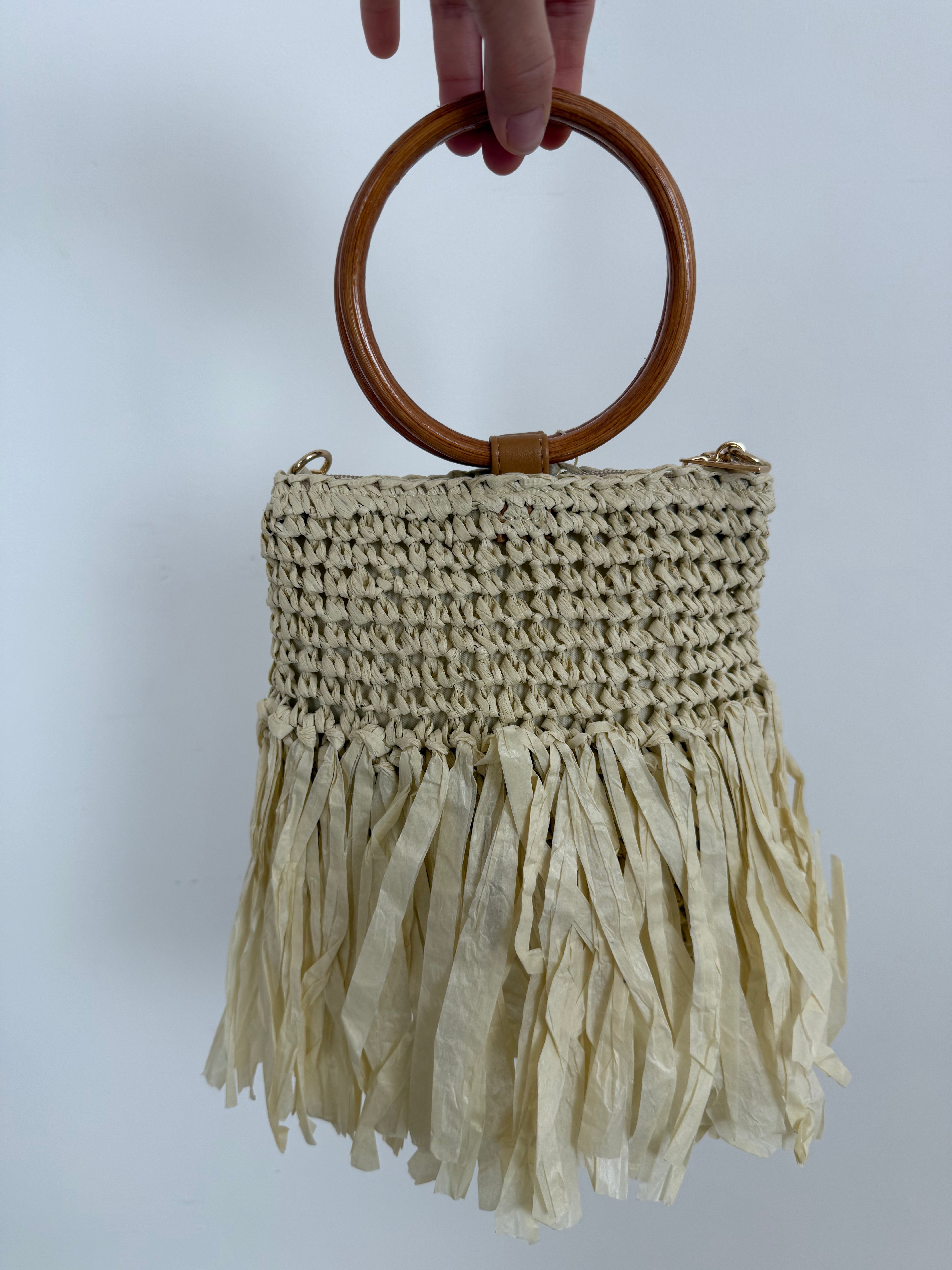 Borsa Mini Frange in Paglia con Manico in Legno