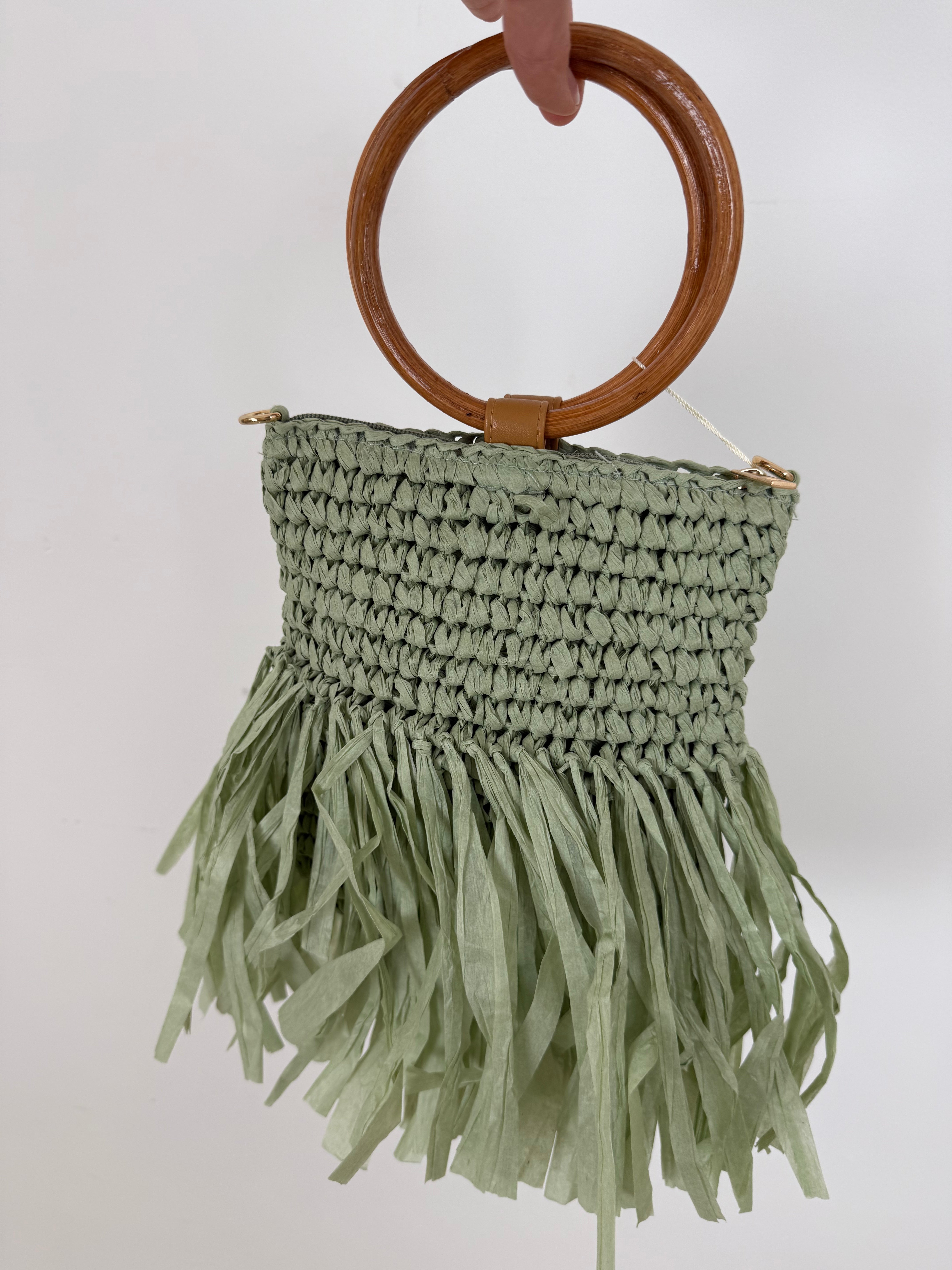 Borsa Mini Frange in Paglia con Manico in Legno