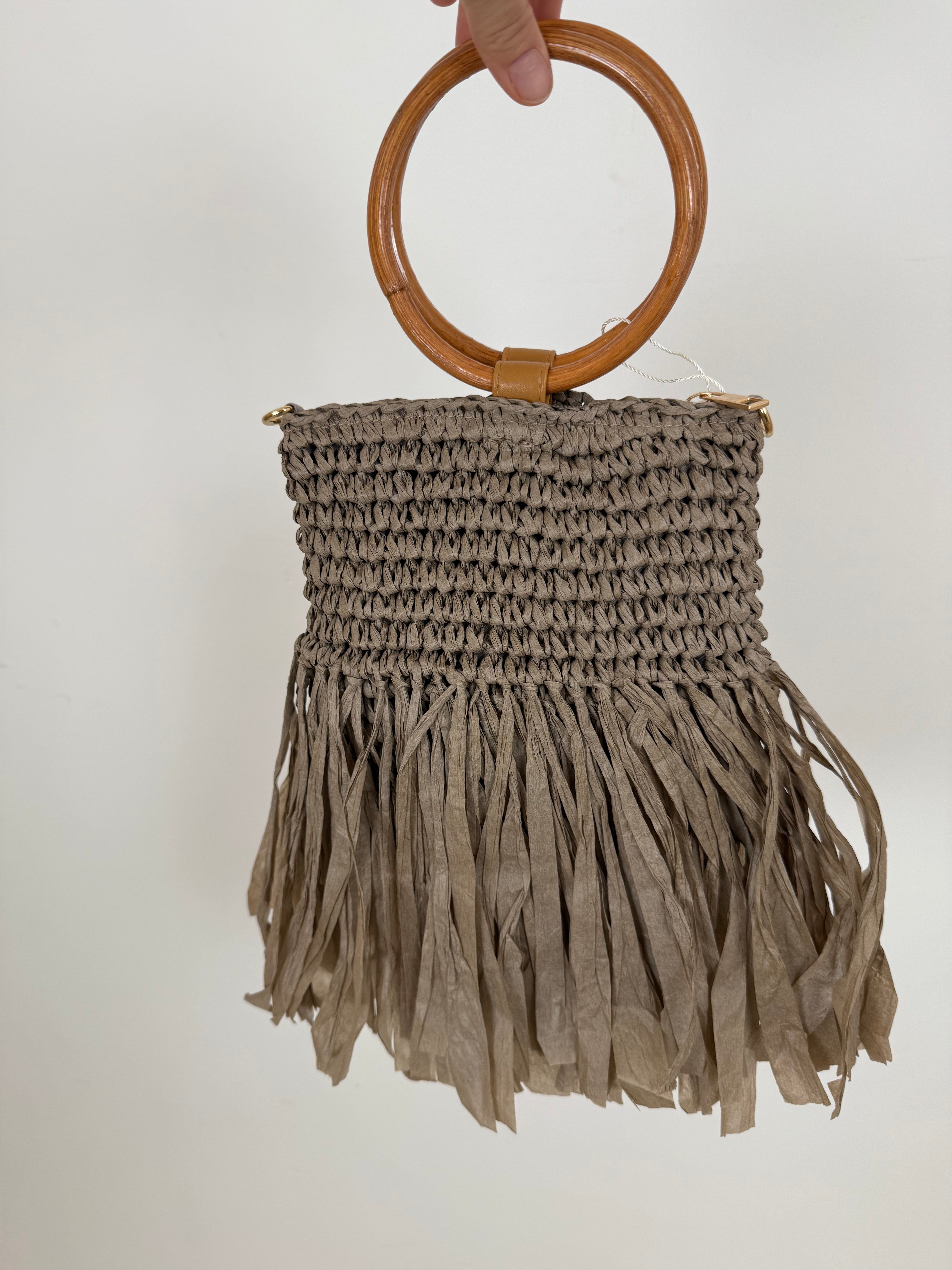Borsa Mini Frange in Paglia con Manico in Legno