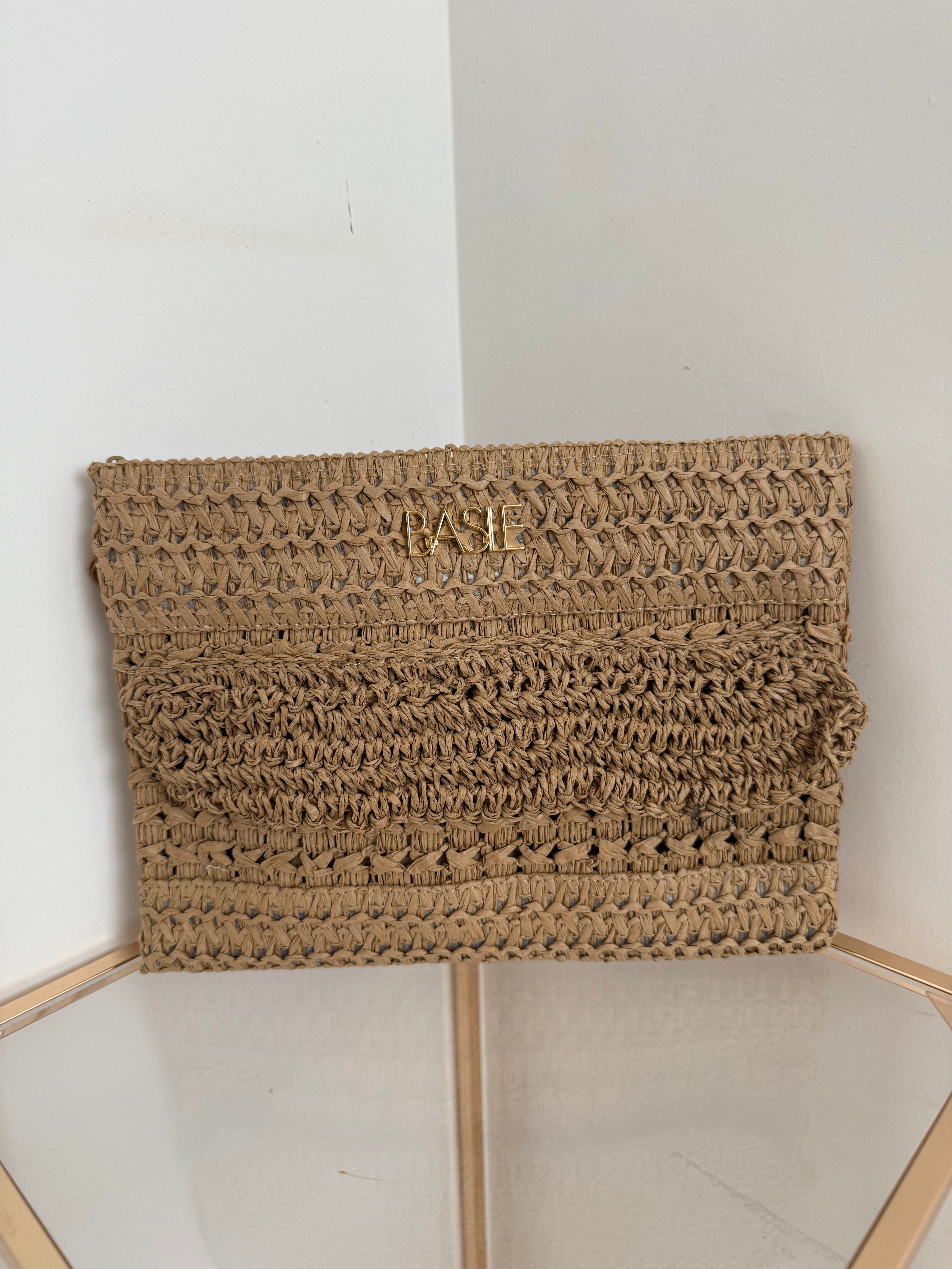 Pochette in Rafia Naturale con Scritta in Metallo