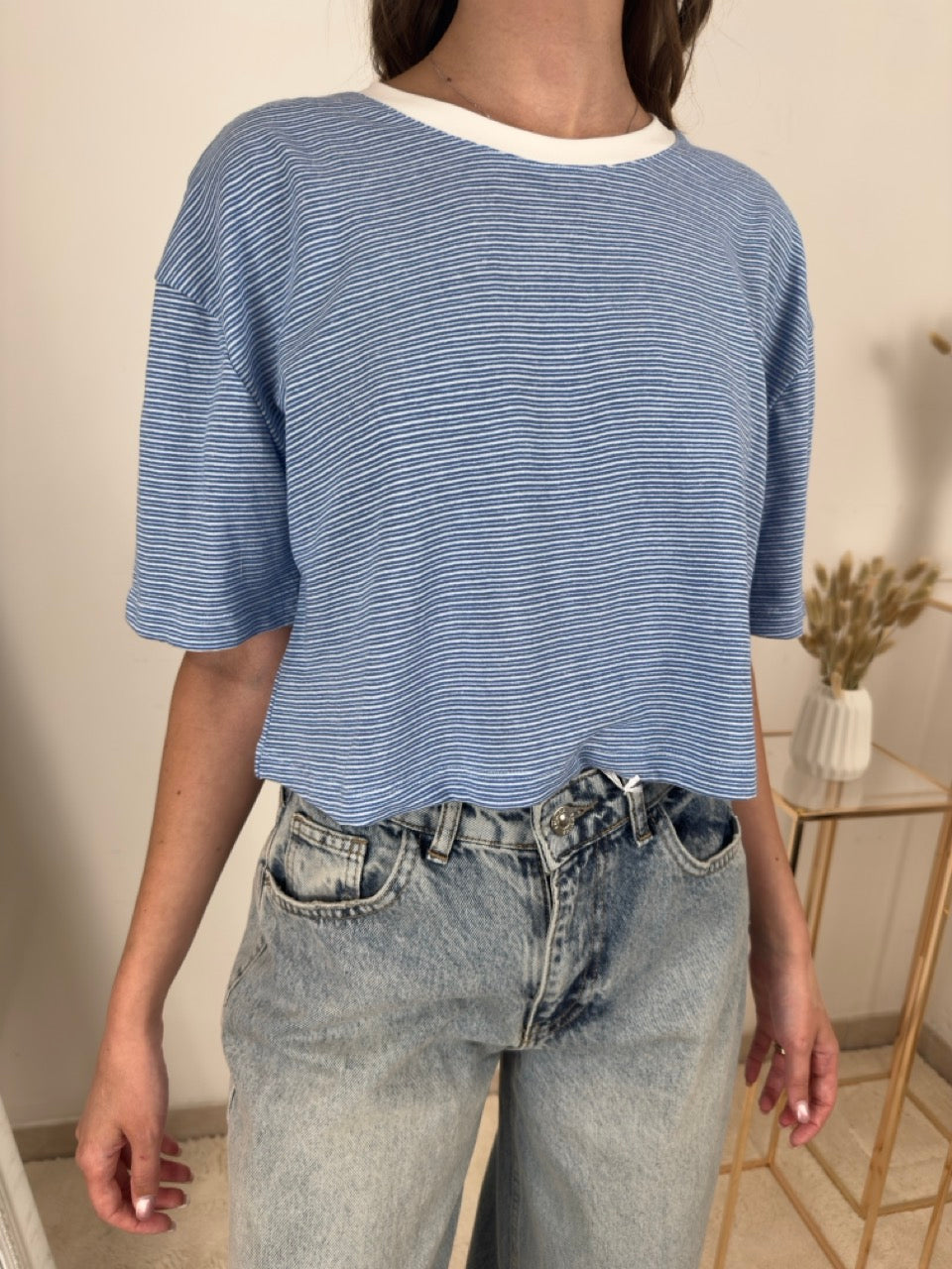 T-SHIRT CORTA BLU E BEIGE