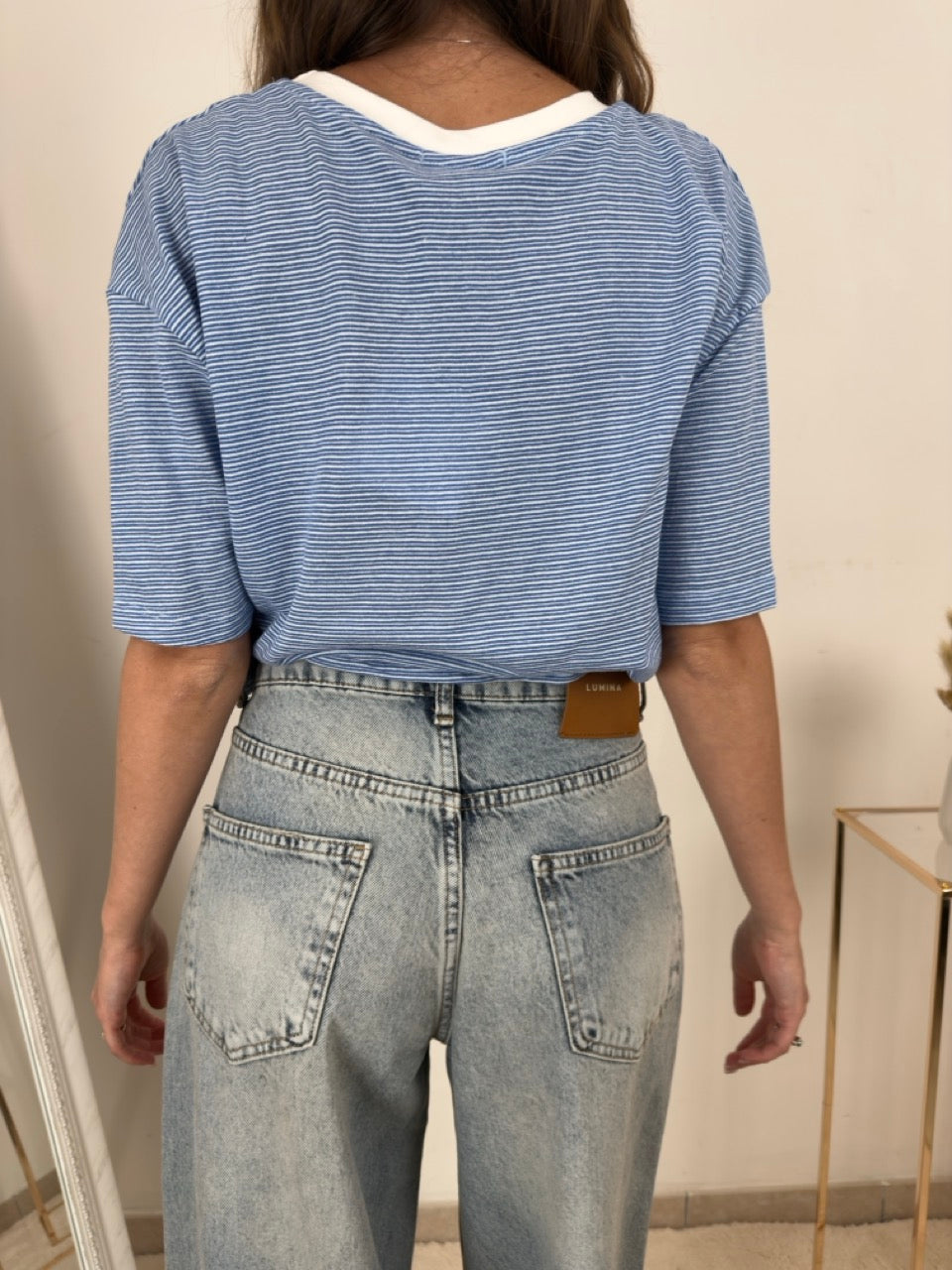 T-SHIRT CORTA BLU E BEIGE