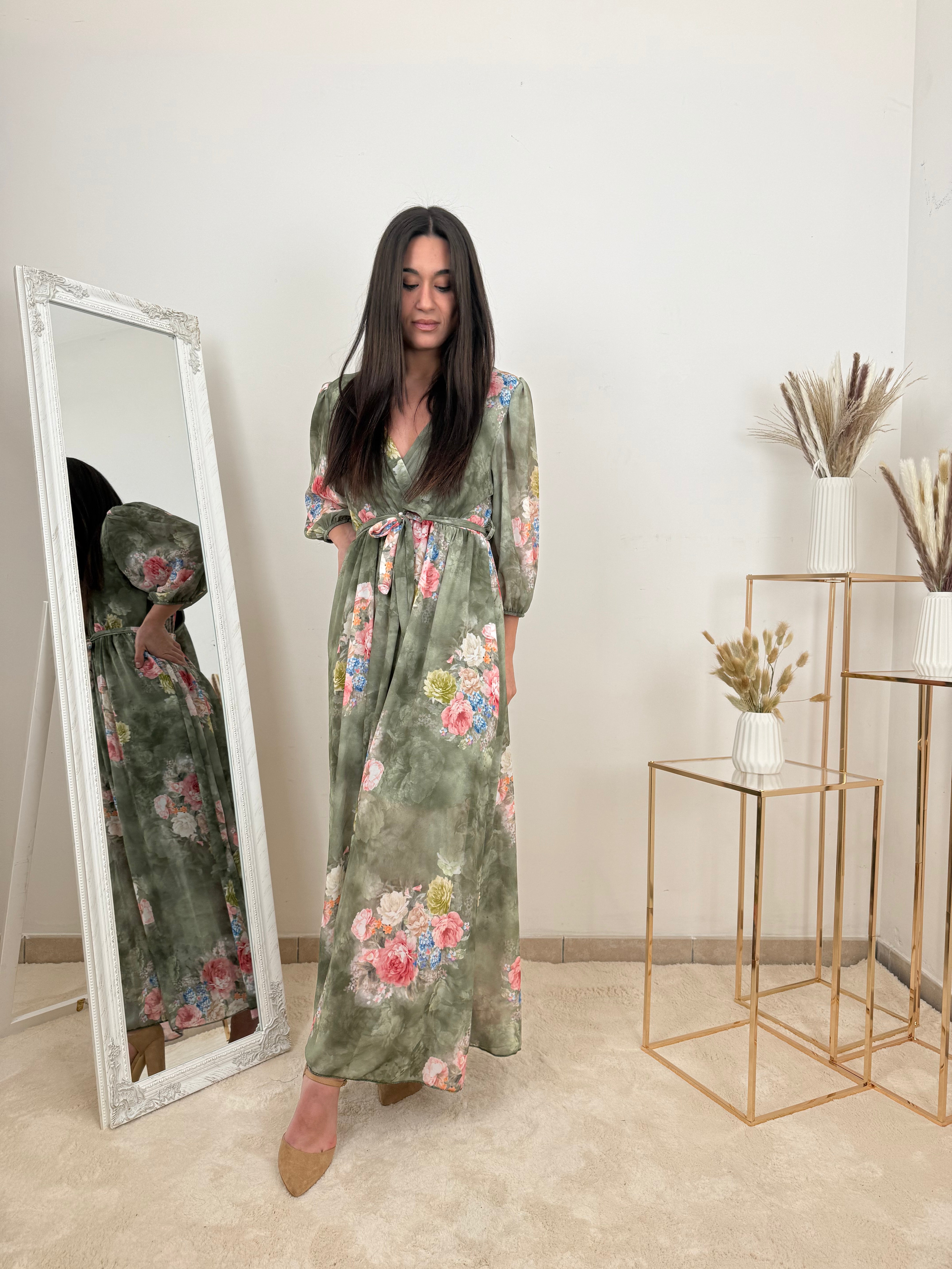 Abito Lungo Floreale in Chiffon con fiocco