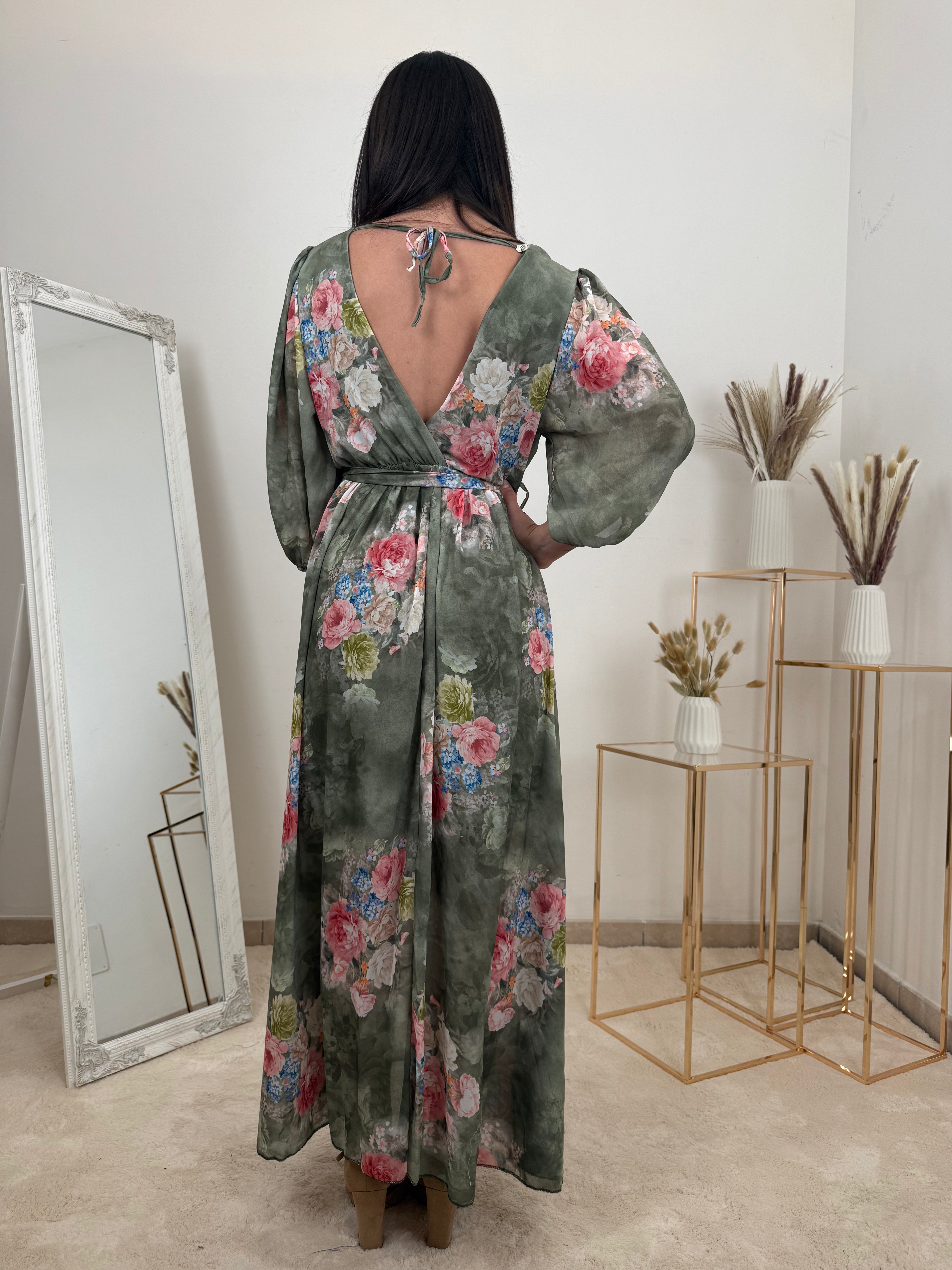 Abito Lungo Floreale in Chiffon con fiocco