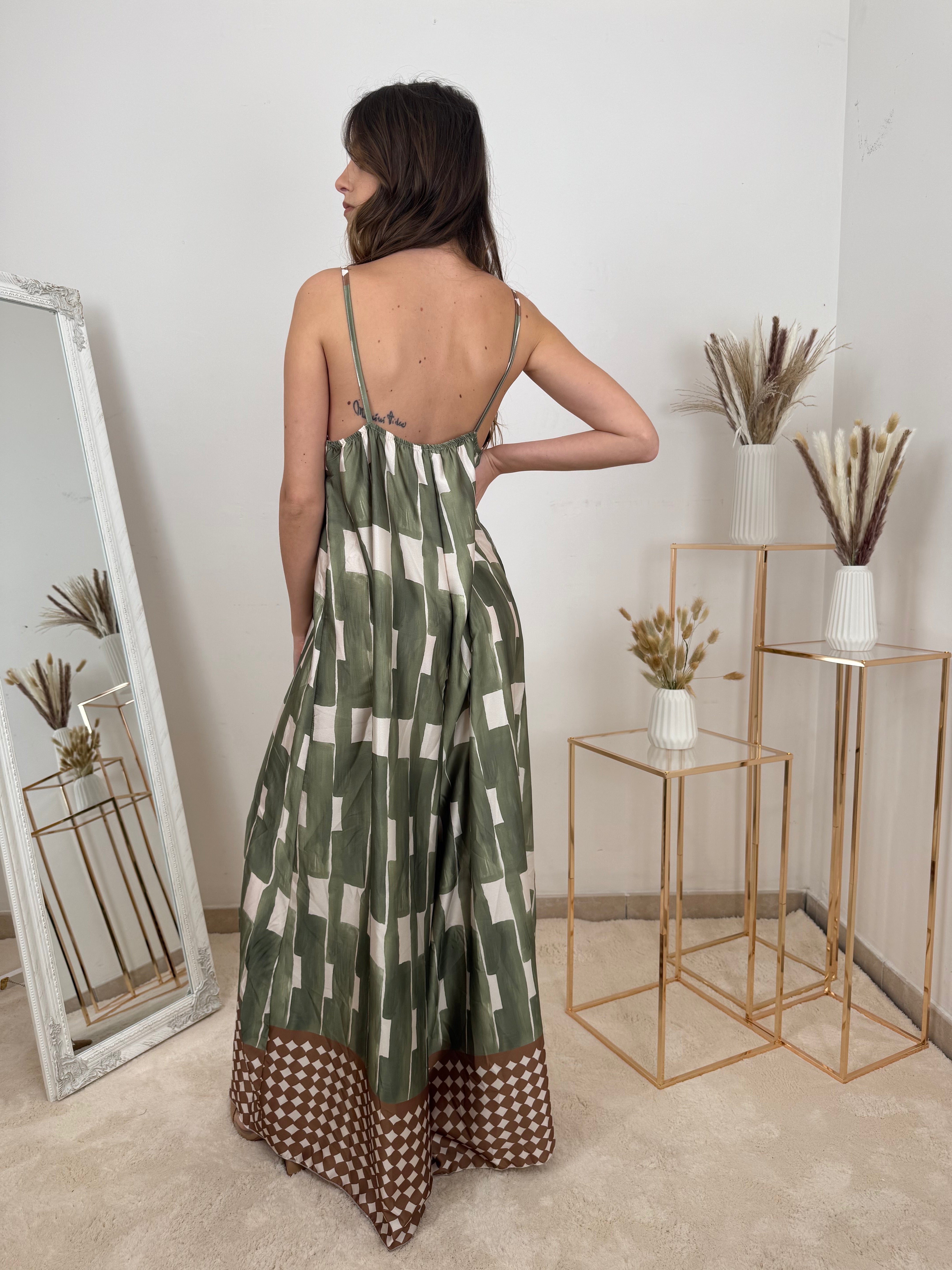 Abito Lungo a Spalline con Stampa Geometrica e Bordo a Contrasto