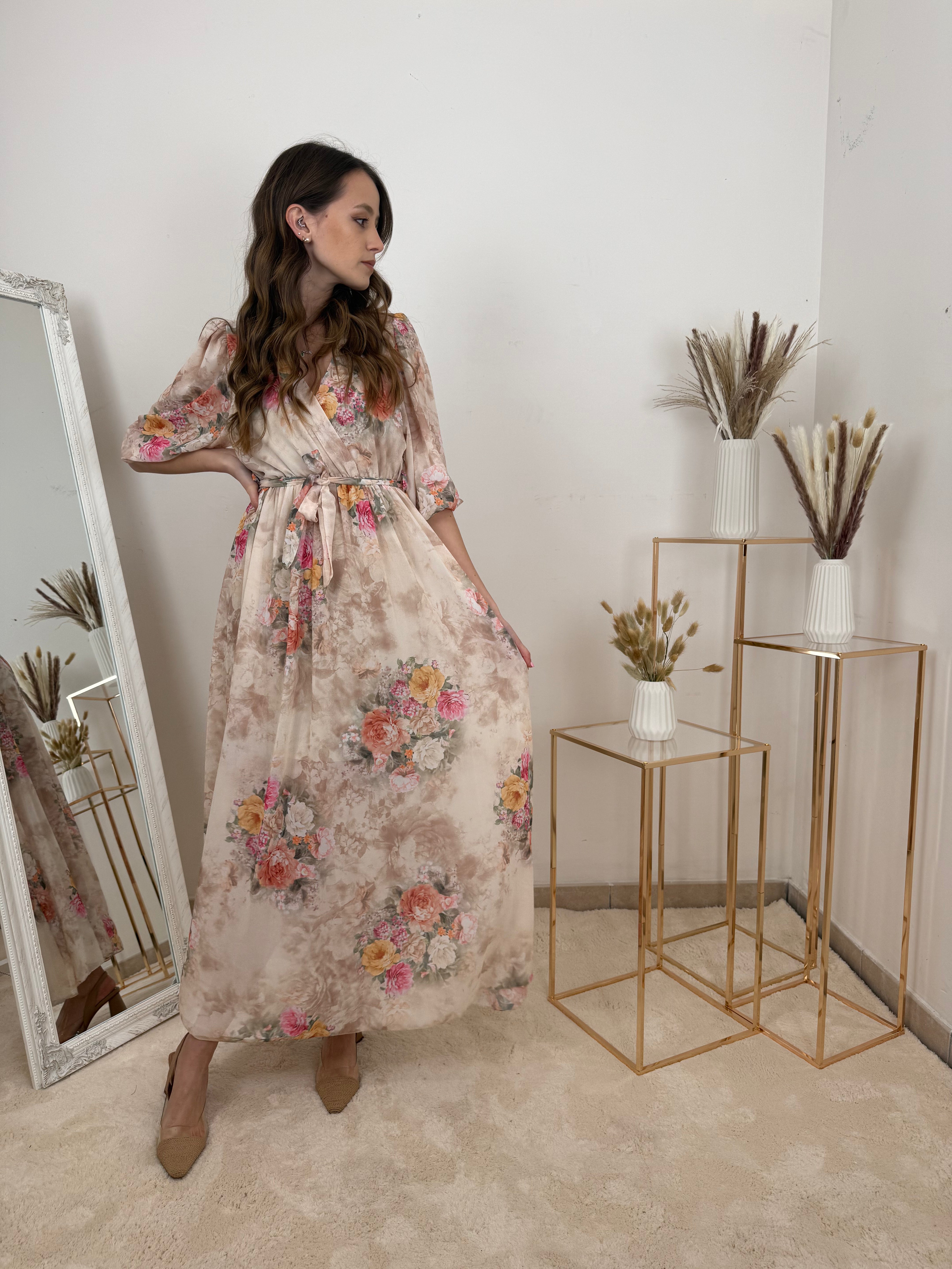Abito Lungo Floreale in Chiffon con fiocco