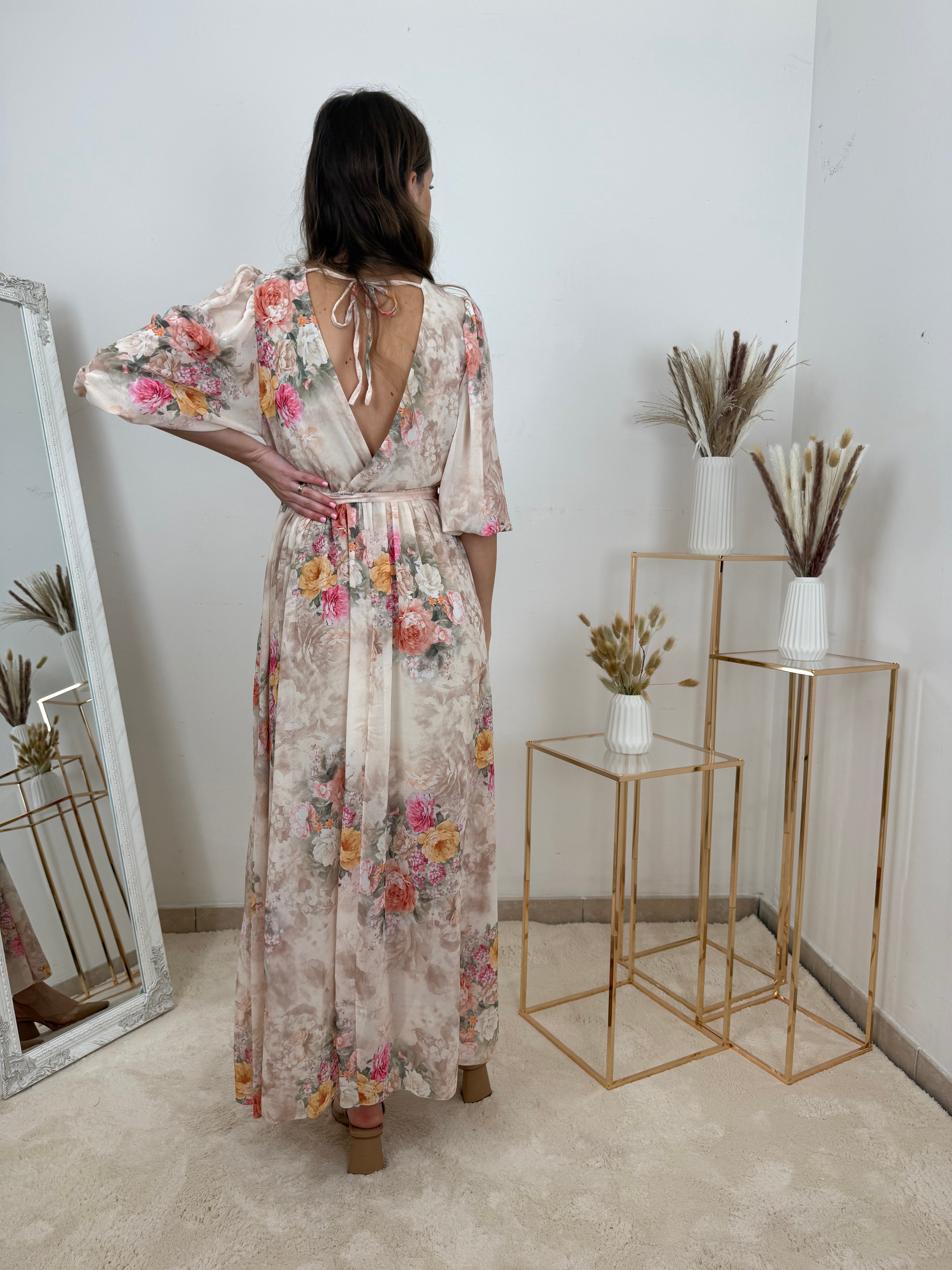 Abito Lungo Floreale in Chiffon con fiocco