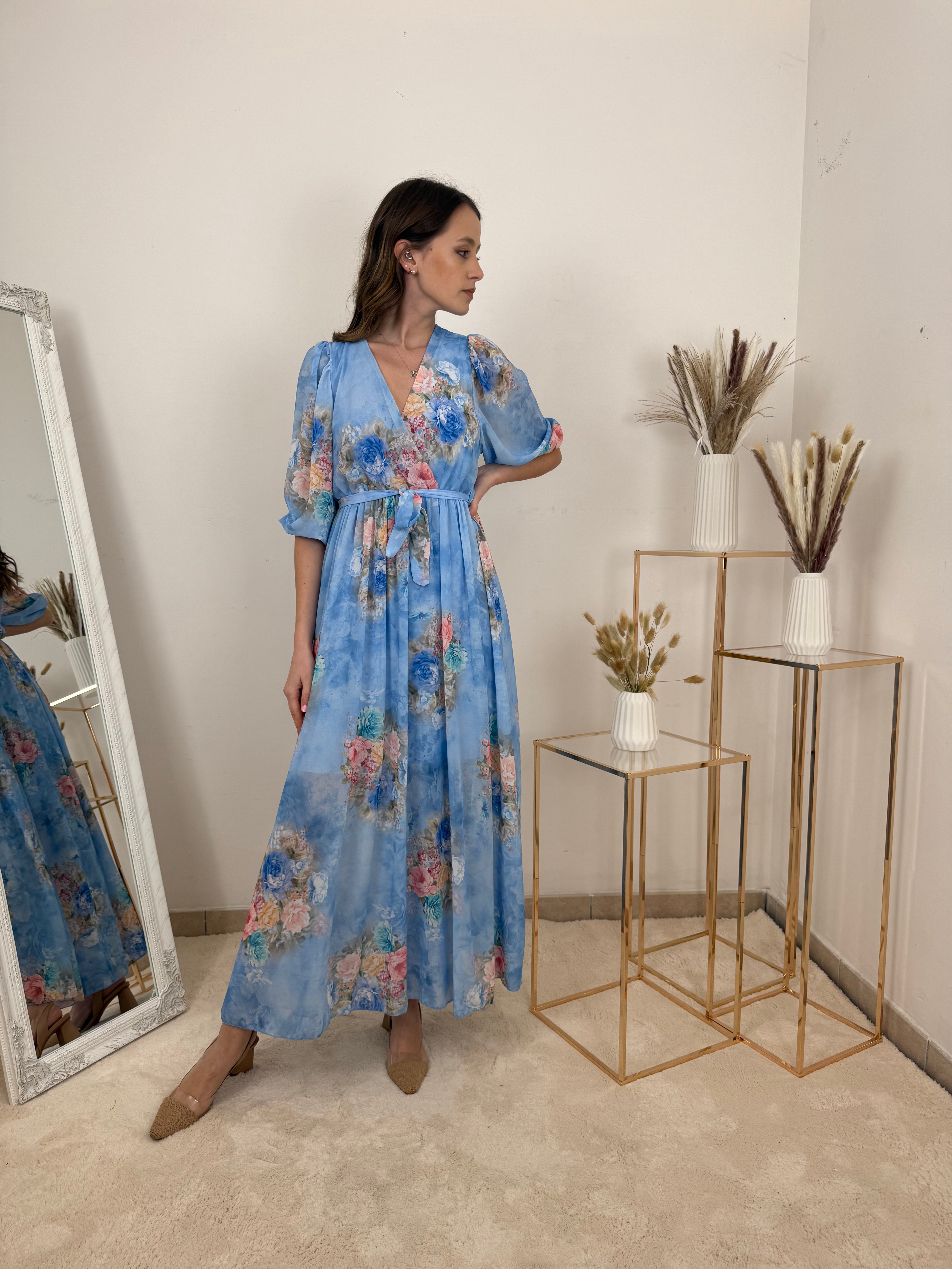 Abito Lungo Floreale in Chiffon con fiocco