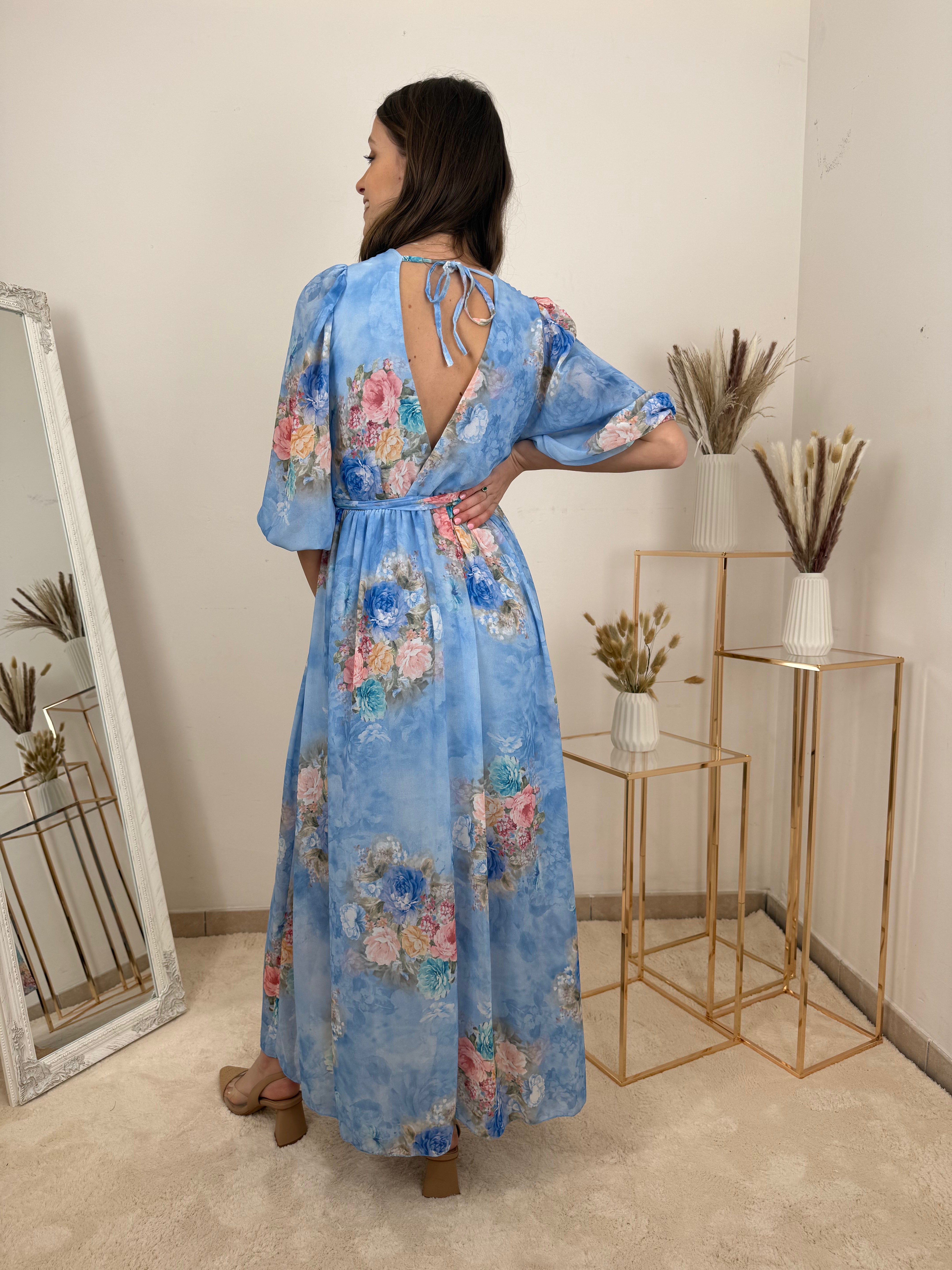 Abito Lungo Floreale in Chiffon con fiocco