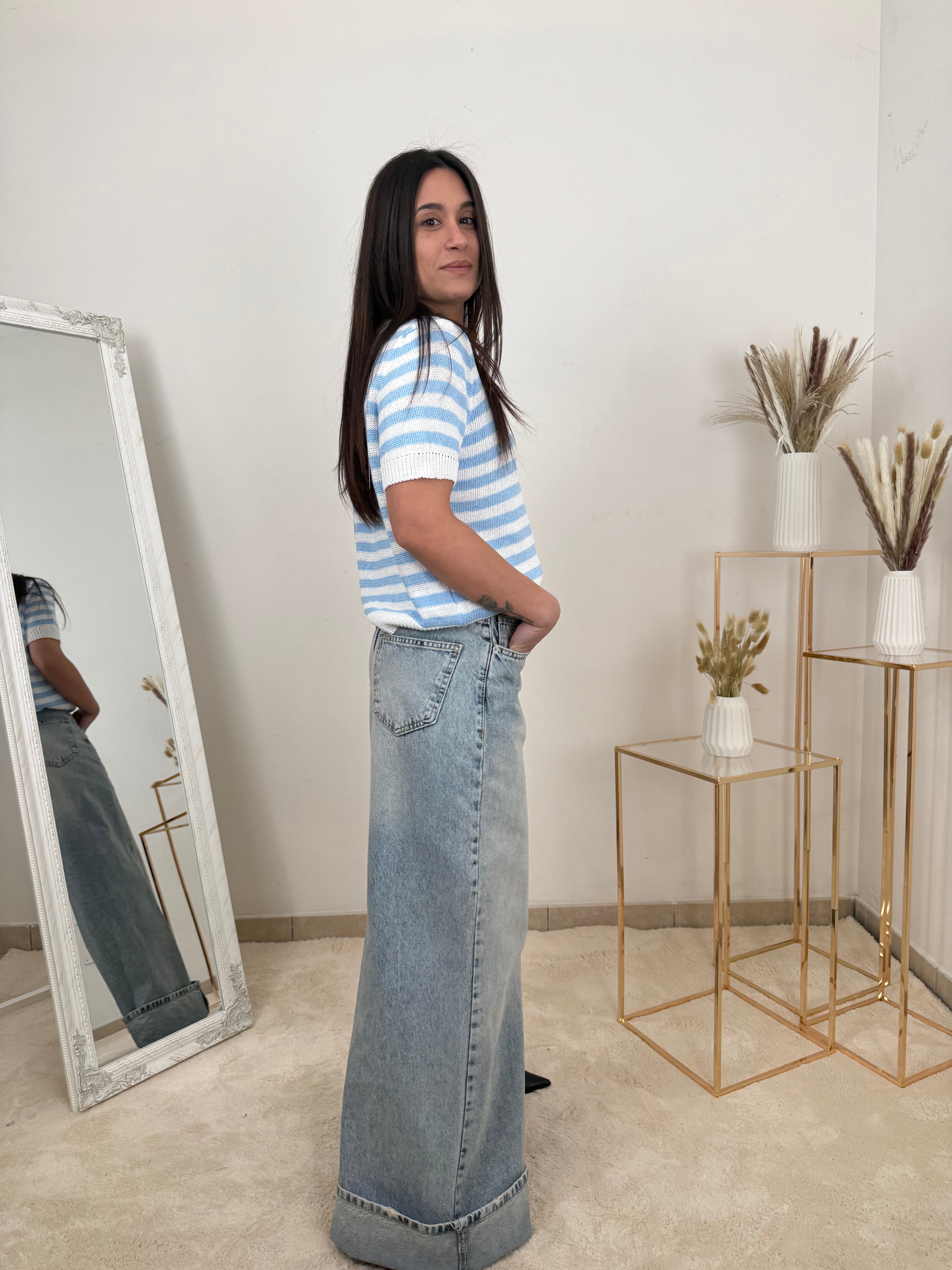 Maglietta a Righe in Maglia Leggera con Maniche Corte