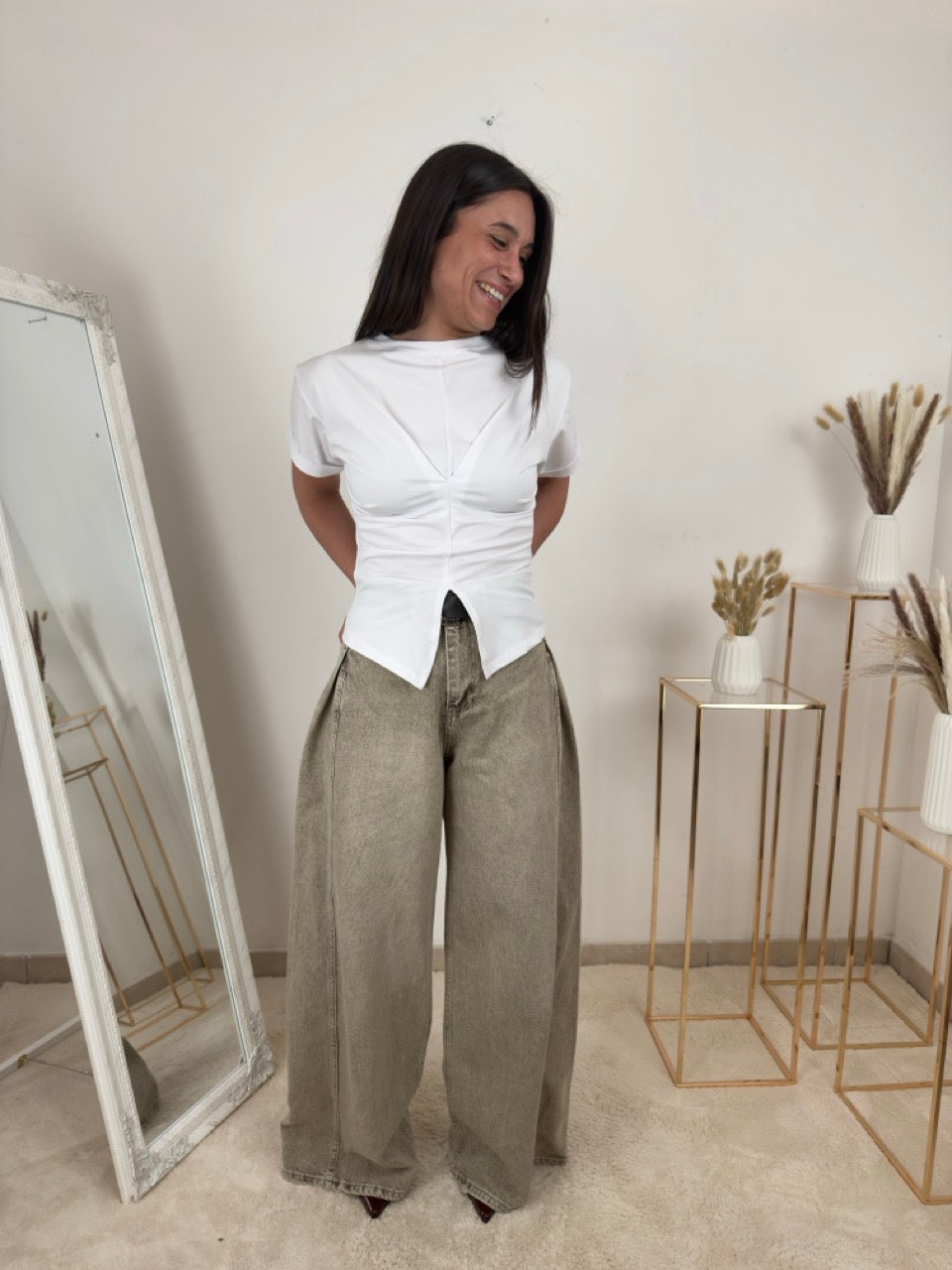 Jeans “Sabbia” a Vita Alta – Wide Leg Taupe